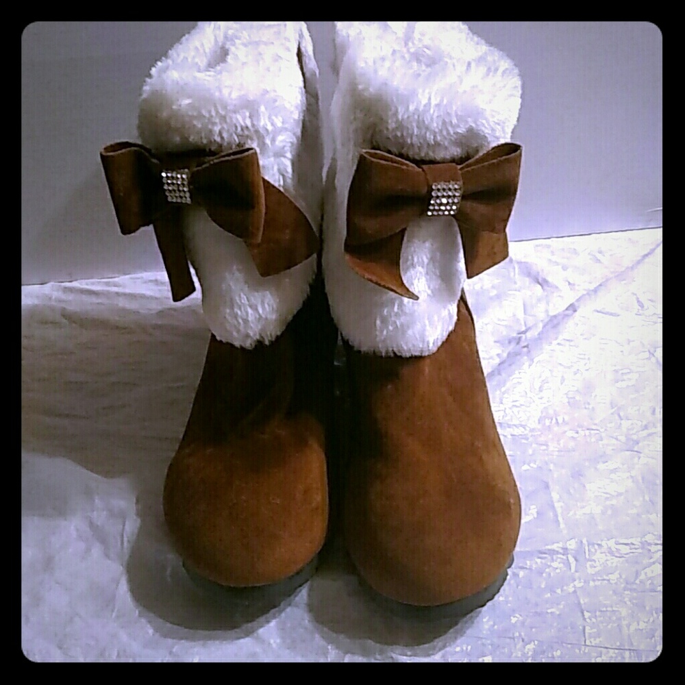 New Fashion sz 8 brown fur cuffs bow boots booties
